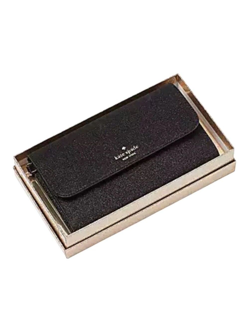 KATE SPADE PHONE WRISTLET WALLET BLACK GLITTER BOXED MEDIUM FLAP NEW WITH TAG
